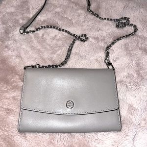 Tory Burch grey leather crossbody mini purse!